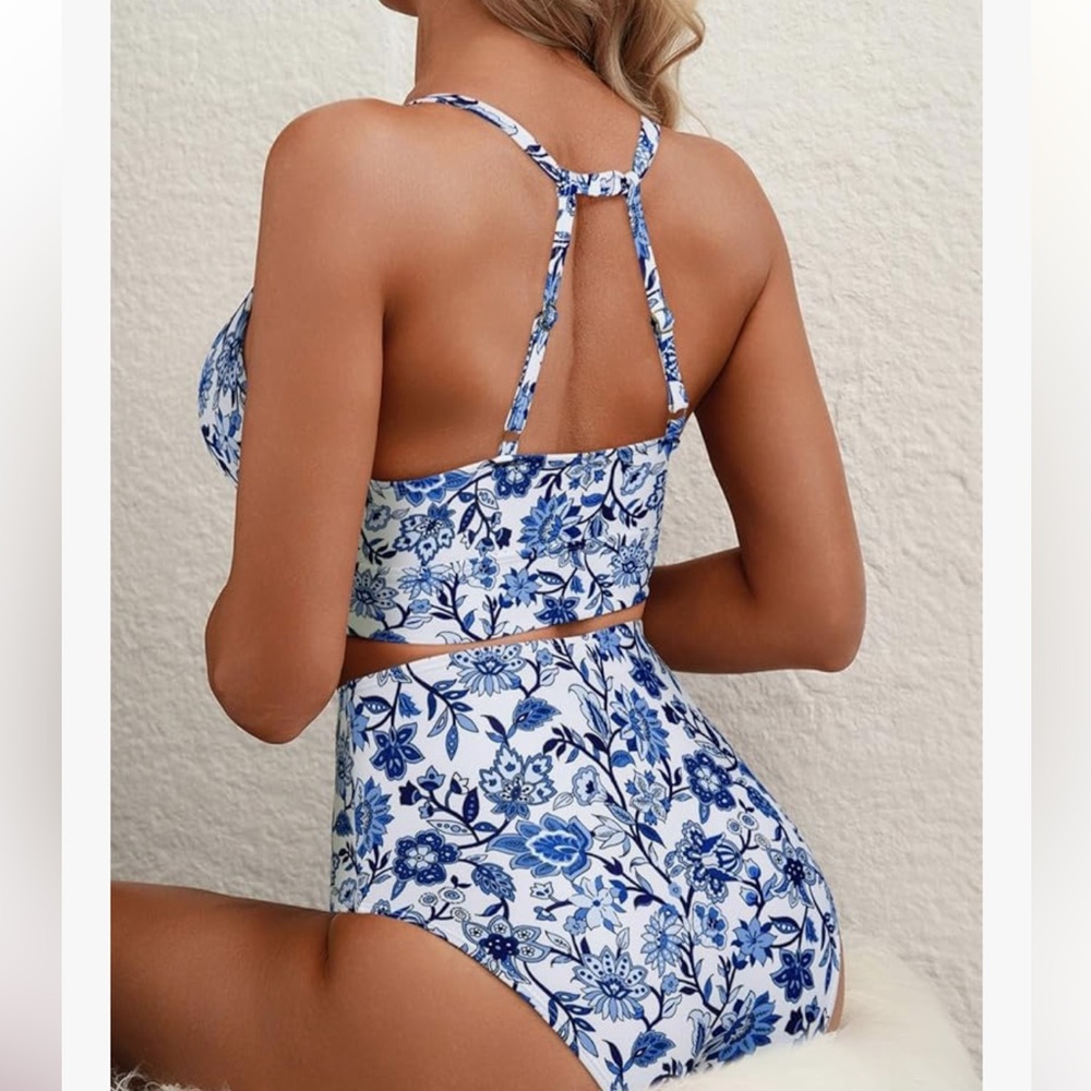Floral Blue High-Neck Bikini Set - Picture 2 of 8